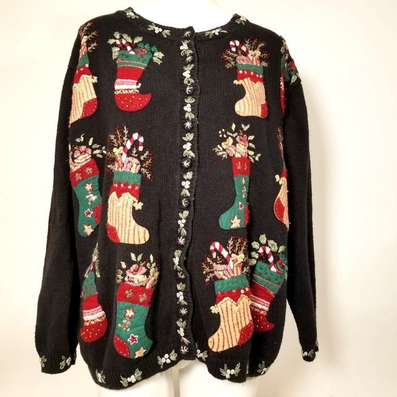 Cardigan Sweater Holiday Christmas Black 1X Ramie Cotton Button Mitten Glove - Picture 1 of 9